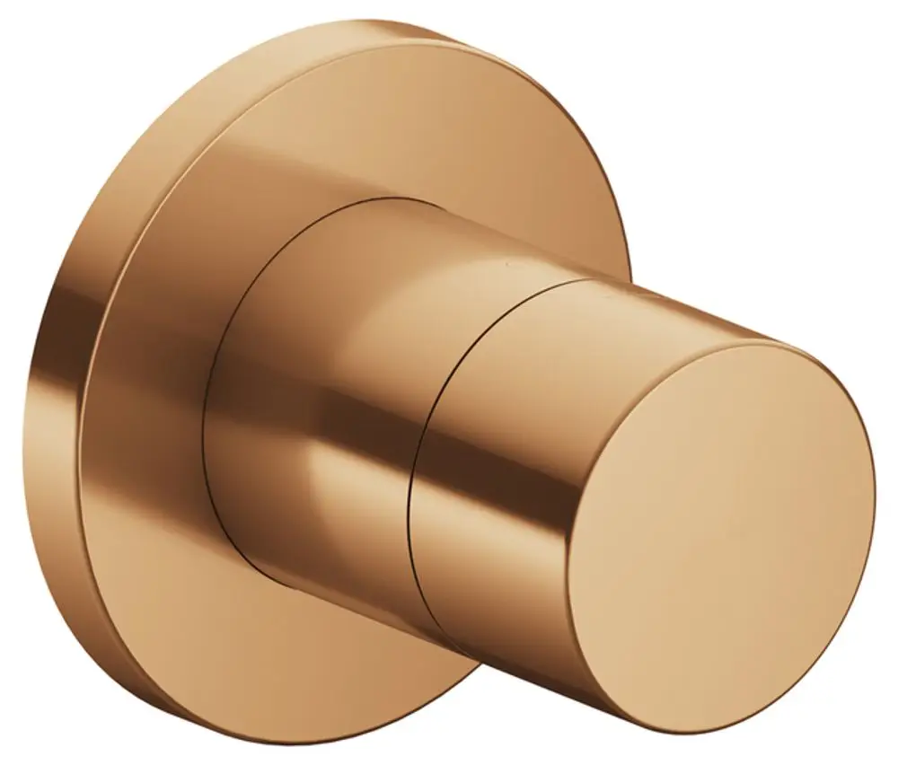 Rundes Absperrventil von Keuco in bronzefarbener Oberfläche, installiert an einer Wand. Tribalt eine moderne, funktionale Gestaltung ohne sichtbare Bedienelemente.
